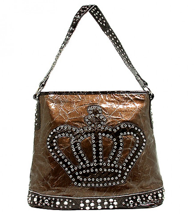 Crown Shoulder Bag w/ Studs - Brown- BG-90806BR